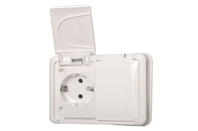 Dubbele wandcontactdoos met randaarde IP44, wit
