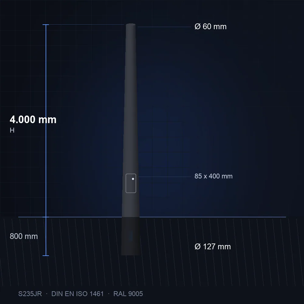 Stalen lichtmast conisch 4 meter, thermisch verzinkt, gepoedercoat RAL 9005 zwart