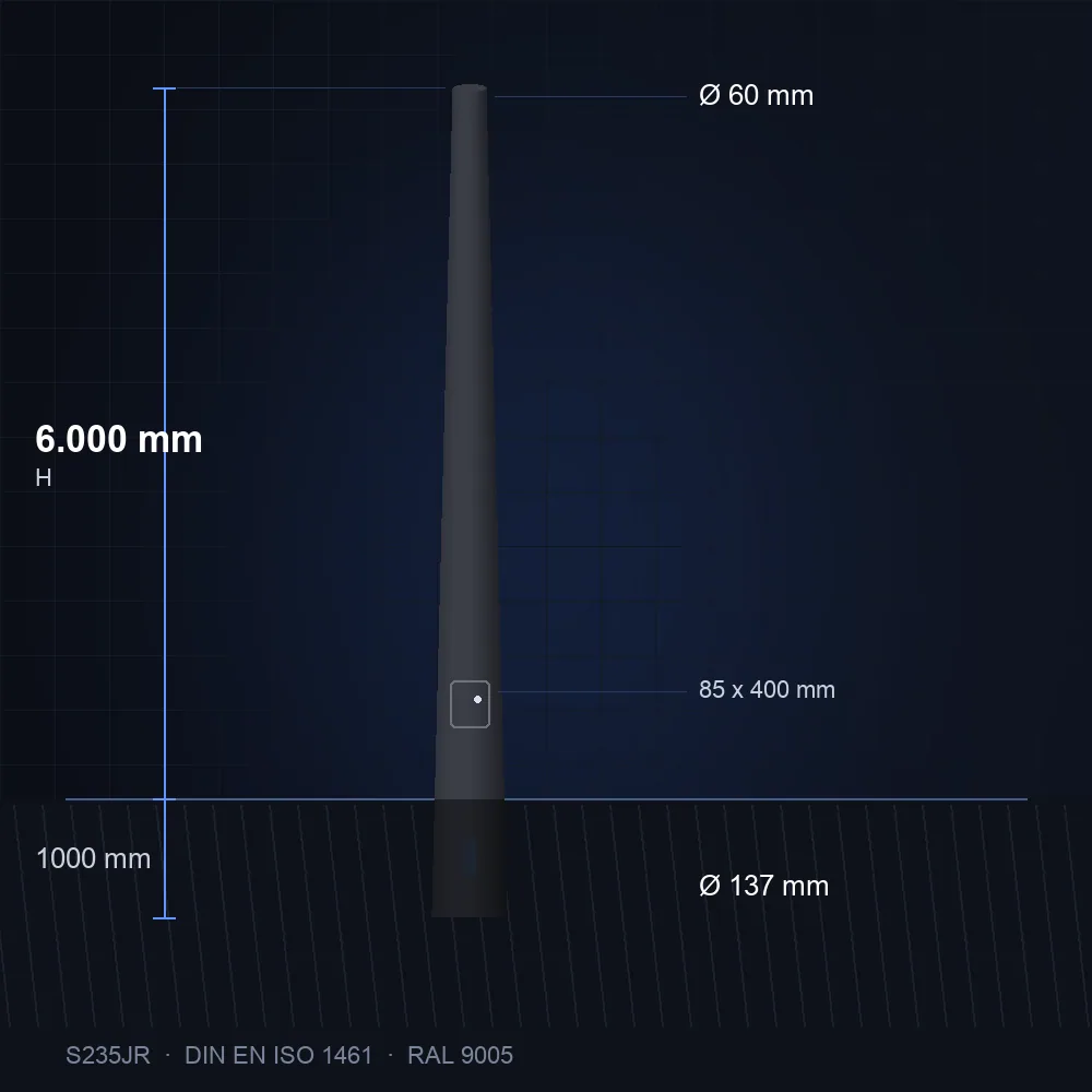 Stalen lichtmast conisch 6 meter, thermisch verzinkt, gepoedercoat RAL 9005 zwart
