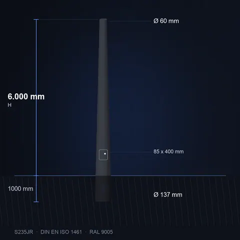 Stalen lichtmast conisch 6 meter, thermisch verzinkt, gepoedercoat RAL 9005 zwart