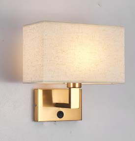 Wandlamp stoffen kap rechthoekig E27 – koper, schakelaar en USB-poort
